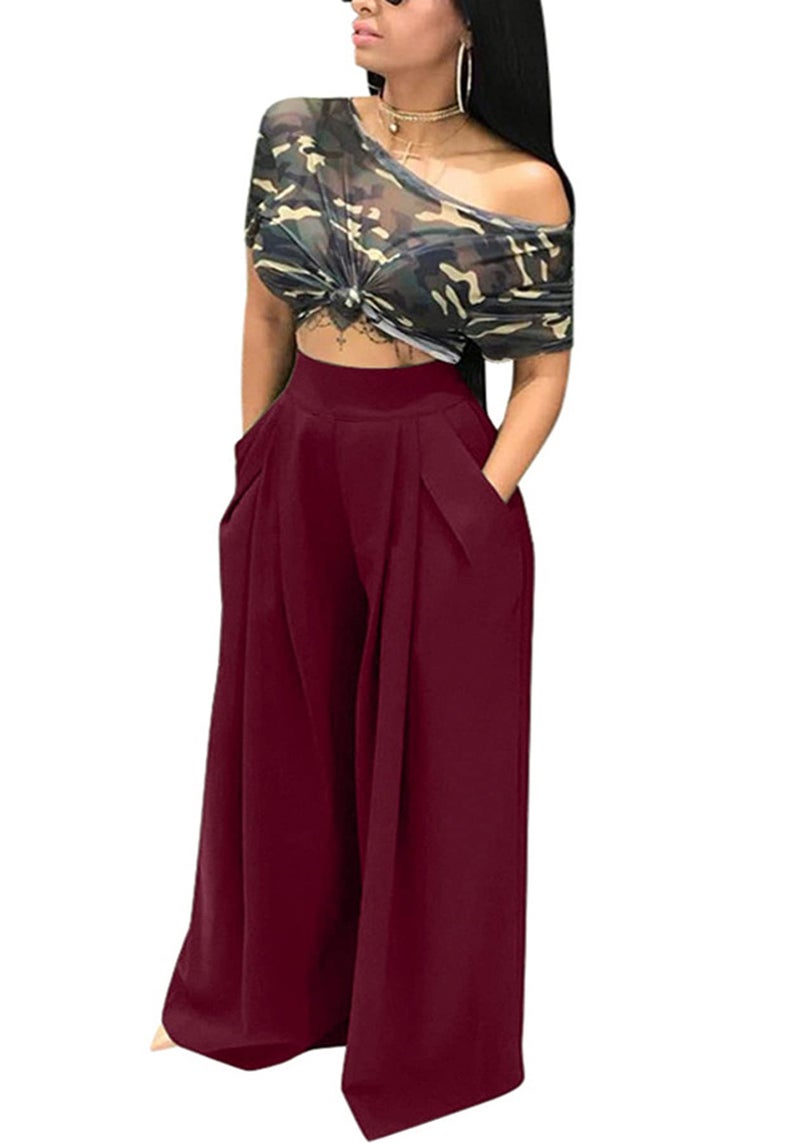 NRTHYE Womens Palazzo Long Pants High Waist Wide Leg Stretchy Loose Fit Casual Trousers with Pocket - Image 2